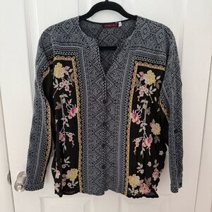 Johnny Was Rumi Long Sleeve Floral and Black Blouse Size XS